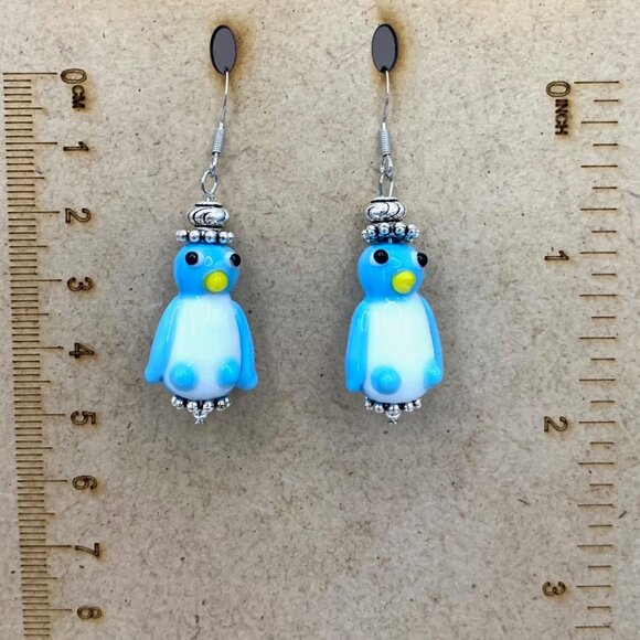 Sky Blue Penguin Animal Lampwork Bead Handmade Pierced Earrings LR150 - Picture 5 of 5